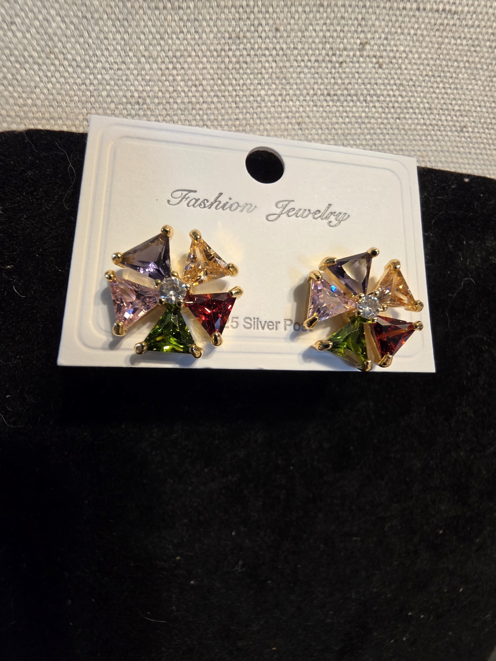 #1418. Fashion Jewelry Gold-Tone Multicolor Crystal Flower Stud Earrings
